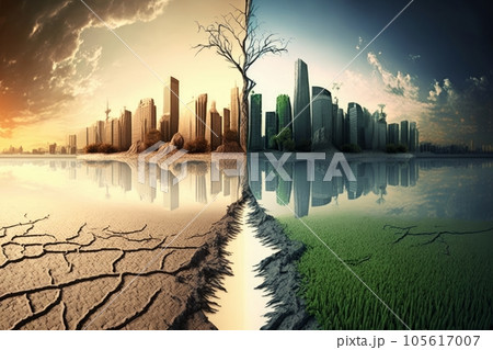 Split screen of drought land and green city. Ecology problem, global warming and environment concept, Generative AI 105617007