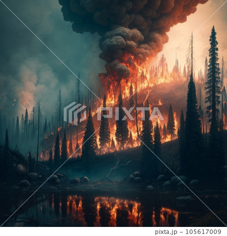 Coniferous forest is burning, trees on fire - global warming problem. Global warming, ecology, problem and environment concept , Generative AI 105617009