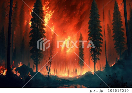 Coniferous forest is burning, trees on fire - global warming problem. Global warming, ecology, problem and environment concept , Generative AI 105617010