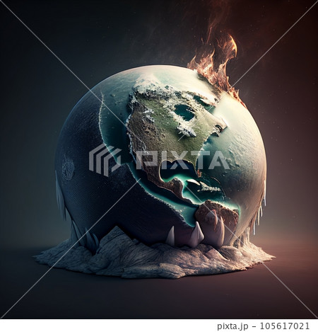 Planet earth globe illustration - global warming problem, freezing. Cooling, ice age, ecology, problem and environment concept , Generative AI 105617021