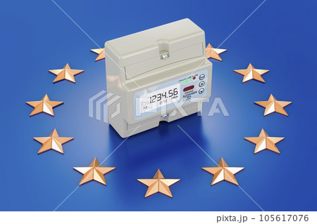 Electric meter on the European Union flag. Electric energy consumption in the EU, 3D rendering 105617076