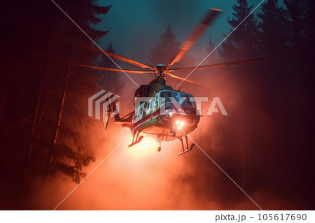 Rescue helicopter extinguishes a forest fire by dropping a large amount of water on a burning coniferous forest at night. Saving forests, fighting forest fires. Low angle view. 3D rendering. 105617690