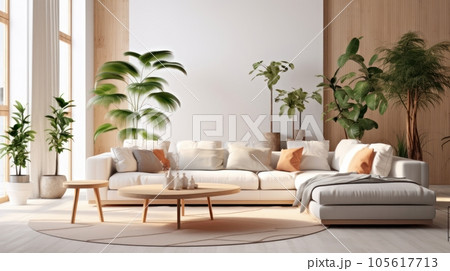 Cozy elegant boho style living room interior in natural colors. Comfortable corner couch with cushions, many houseplants, wooden coffee table, rug on the floor, large window, home decor. 3D rendering. 105617713
