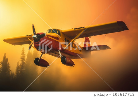 Rescue firefighting aircraft flying at low altitude extinguishes forest fire by dumping water on burning pine forest. Orange glow on the background. Saving forests, fighting forest fires. 3D rendering 105617715