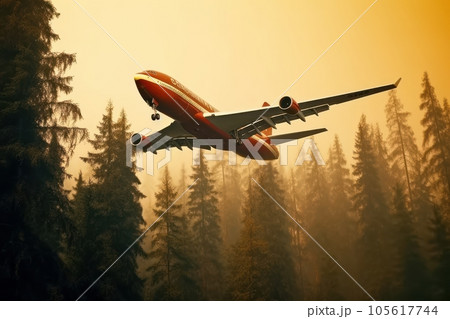 Rescue firefighting aircraft flying at low altitude extinguishes forest fire by dumping water on burning pine forest. Orange glow on the background. Saving forests, fighting forest fires. 3D rendering 105617744
