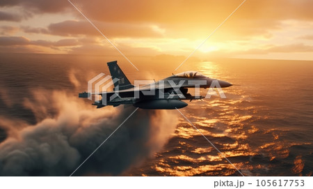 F-16 air force fighter flying over the ocean, beautiful sunset over horizon on the background. Jet military aircraft patrols territory, makes a training flight. Close up aerial view. 3D rendering. F-16 air force fighter flying over the ocean, beautiful sunset over horizon on the background. Jet military aircraft patrols territory, makes a training flight. Close up aerial view. 3D rendering. 105617753