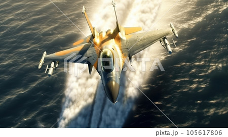 Top view of a military jet fighter taking off from the deck of an aircraft carrier in the sea. Jet trail behind the plane. The interaction of the navy and aviation, military maneuvers. 3D rendering. Top view of a military jet fighter taking off from the deck of an aircraft carrier in the sea. Jet trail behind the plane. The interaction of the navy and aviation, military maneuvers. 3D rendering. 105617806