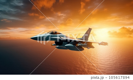 F-16 air force fighter flying over the ocean, beautiful sunset over horizon on the background. Jet military aircraft patrols territory, makes a training flight. Close up aerial view. 3D rendering. 105617894