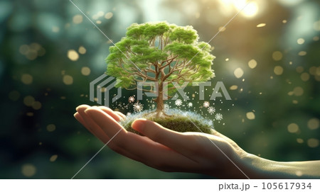 Symbolic magic green tree in a human hand on blurred background. Respect for nature, sustainable energy, care for the environment, ecological development. Earth Day concept. Copy space. 3D rendering. 105617934