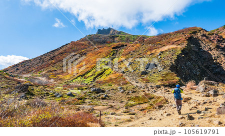 秋の磐梯山登山：沼ノ平～天狗岩（登山道から磐梯山を望む） 105619791