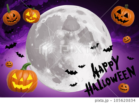 ハロウィンのかぼちゃと月の紫背景フレーム（生成AI） 105620834