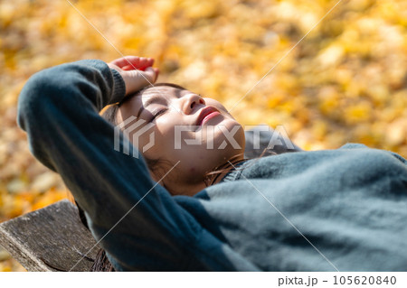 紅葉のベンチで寝転ぶ女性 105620840
