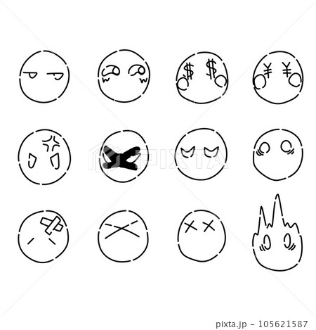 漫画的な表現と目元だけの、いろいろな表情の顔アイコン線画セット 漫画的な表現と目元だけの、いろいろな表情の顔アイコン線画セット 105621587