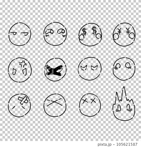 漫画的な表現と目元だけの、いろいろな表情の顔アイコン線画セット 漫画的な表現と目元だけの、いろいろな表情の顔アイコン線画セット 105621587