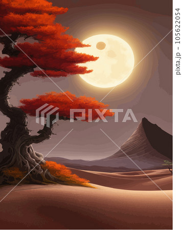 Sunset or full moon in African autumn orange big crooked tree on hill alone Sunset or full moon in African autumn orange big crooked tree on hill alone 105622054