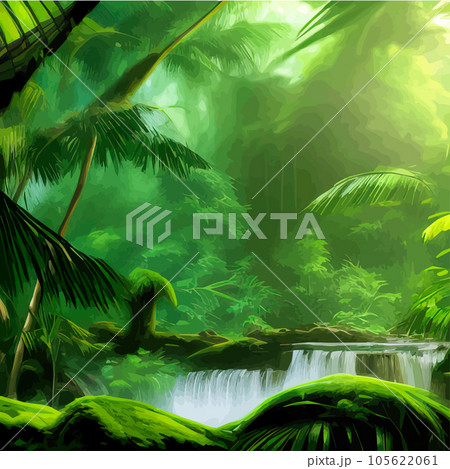 Spring landscape with waterfall in tropical forest. Vector illustration rivers 105622061