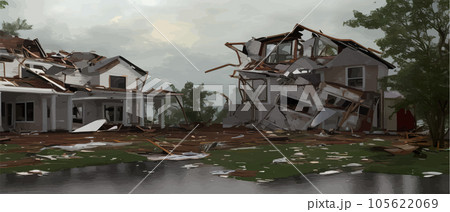 Destructive tornado destroys house, trees break. Bad weather landscape and sign of distress and warning. Storm wind and downpour with thunderstorm 105622069