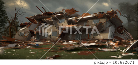 Destructive tornado destroys house, trees break. Bad weather landscape and sign of distress and warning. 105622071