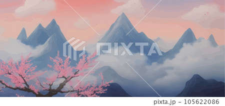 Foggy morning landscape with sky. Branches blooming pink cherry trees against 105622086