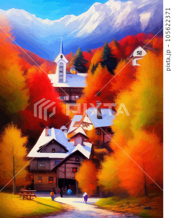 Autumn landscape with houses and mountains, beautiful orange trees on a sunny 105622371