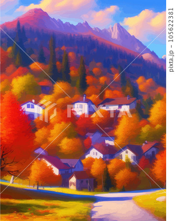 Autumn landscape with houses and mountains,...のイラスト素材