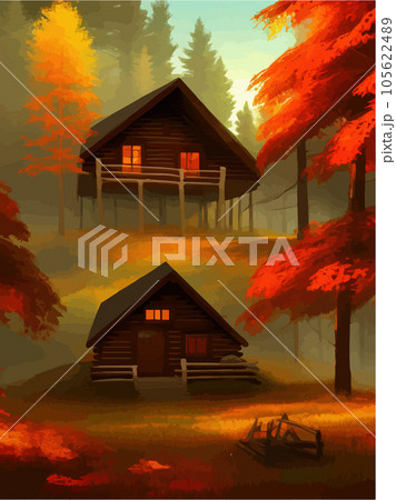 Fairytale house made logs with red roof, old wooden door, window. Vector Fairytale house made logs with red roof, old wooden door, window. Vector 105622489