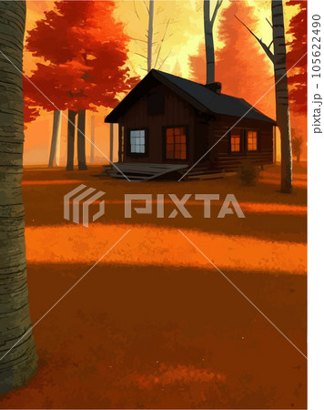 Fairytale house made logs with red roof, old wooden door, window. Vector Fairytale house made logs with red roof, old wooden door, window. Vector 105622490