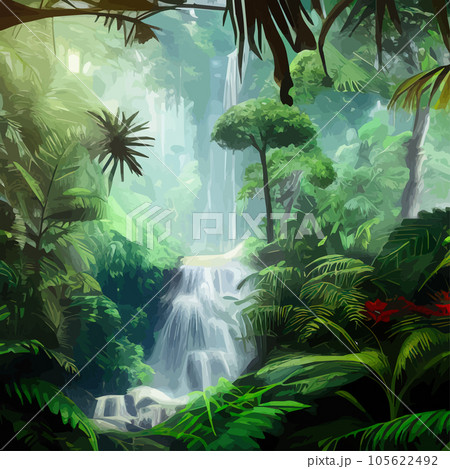 Spring landscape with waterfall in tropical forest. Vector illustration rivers 105622492