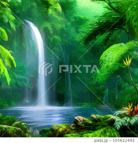 Spring landscape with waterfall in tropical forest. Vector illustration rivers 105622493
