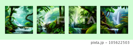 Waterfall Jungle Landscape Vector illustration. Tropical natural scenery Waterfall Jungle Landscape Vector illustration. Tropical natural scenery 105622503