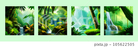 Waterfall Jungle Landscape Vector illustration. Tropical natural scenery 105622505