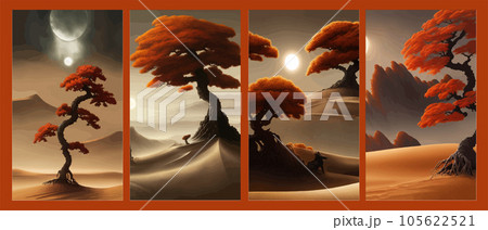 A gloomy autumn orange tree in desert against backdrop mountains and hills 105622521