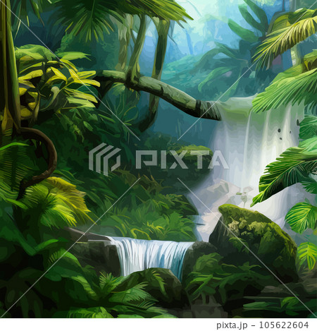 Spring landscape with waterfall in tropical forest. Vector illustration rivers 105622604