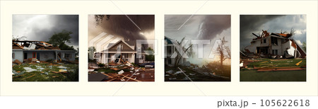 Twisting tornado, destroying civilian building. Hurricane Storm in countryside. 105622618