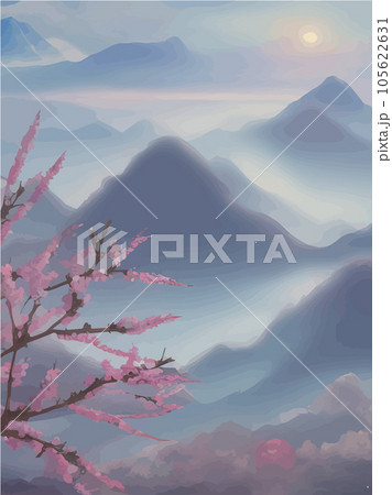 Panorama cherry blossom against background mountains and sky with clouds. 105622631