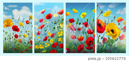 Multicolor poppy flowers in bloom in grass. Banner vector illustration on blue sky background. Spring landscape 105622778