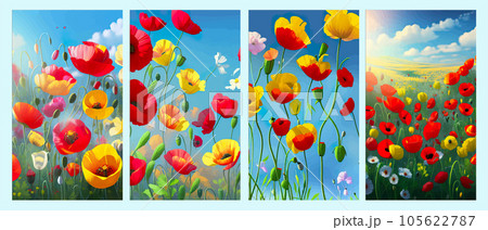 Multicolor poppy flowers in bloom in grass. Banner vector illustration on blue sky background. Spring landscape 105622787