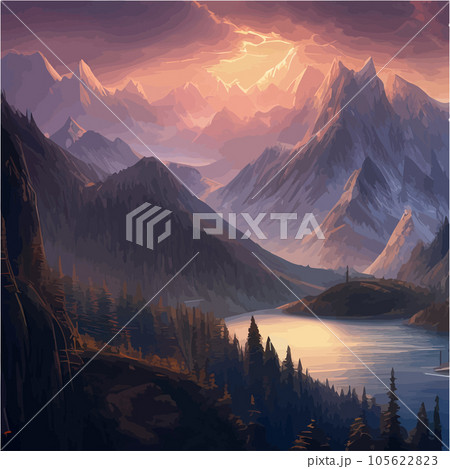 Incredible mountain landscape in clouds with forest and a river. Vector 105622823