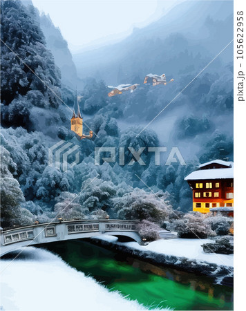 In snow castle old castle in woods, style town, photorealistic, quiet river 105622958