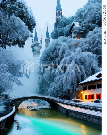 In snow castle old castle in woods, style town, photorealistic, quiet river 105622959