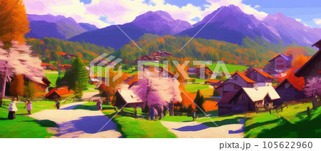 Idyllic mountain landscape in alps with blooming meadows in springtime 105622960