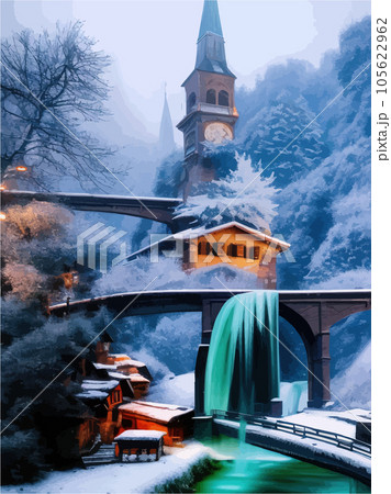 In snow castle old castle in woods, style town, photorealistic, quiet river In snow castle old castle in woods, style town, photorealistic, quiet river 105622962