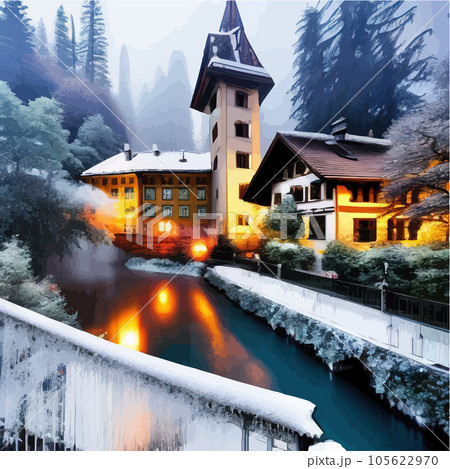 Winter town with bridge over river next to large pine forest against backdrop 105622970