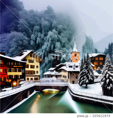 Winter town with bridge over river next to large pine forest against backdrop 105622974