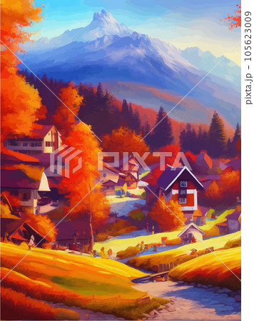 Autumn landscape with houses and mountains, beautiful orange trees on a sunny 105623009