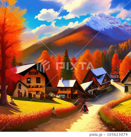 Sunny day in village house with road and orange autumn trees. Cartoon picture Sunny day in village house with road and orange autumn trees. Cartoon picture 105623074