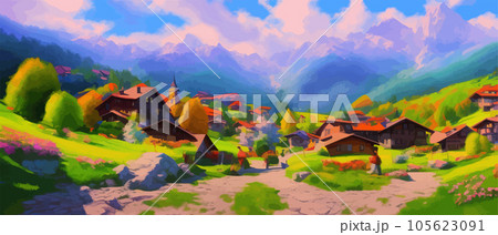 Idyllic mountain landscape in alps with blooming meadows in springtime 105623091