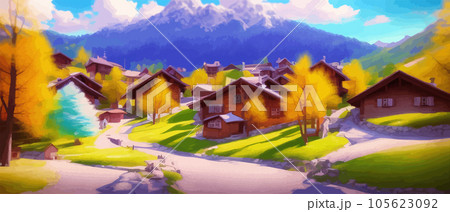 Idyllic mountain landscape in alps with blooming meadows in springtime 105623092