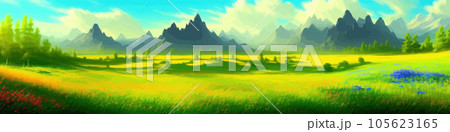 Bright green meadow landsape with wild flowers, against backdrop high mountains Bright green meadow landsape with wild flowers, against backdrop high mountains 105623165
