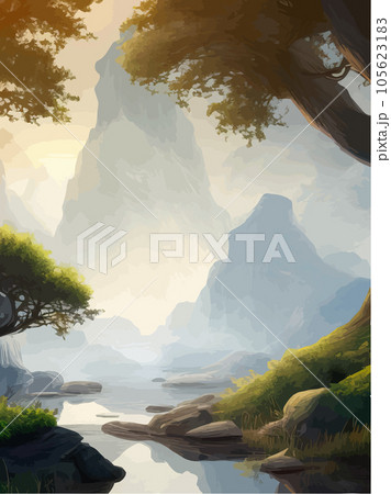 Vertical Travel landscape with river running among forest hills at dawn against 105623183